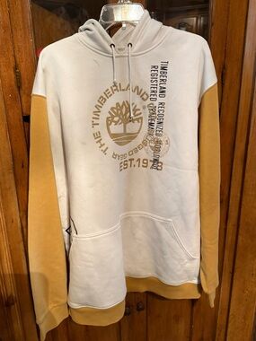 Timberland White and Tan Logo Zip-Up Sweater